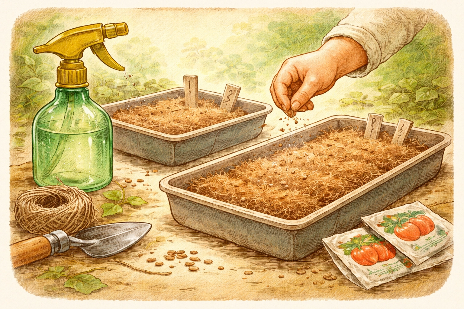 Child's hand sprinkling seeds onto coconut coir in shallow gardening trays with a spray bottle nearby