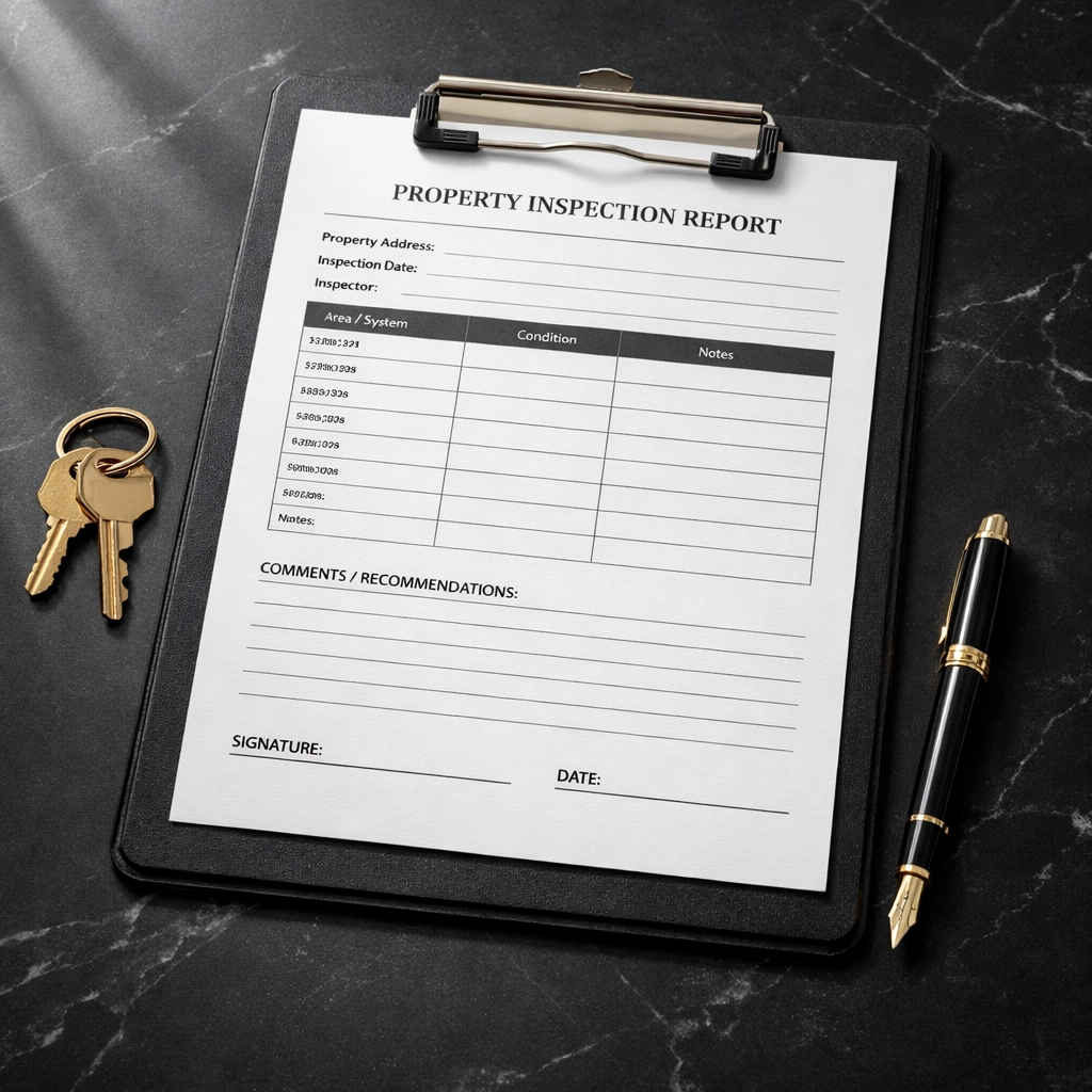 Property inspection documents on clipboard with keys demonstrating Awaab's Law compliance records