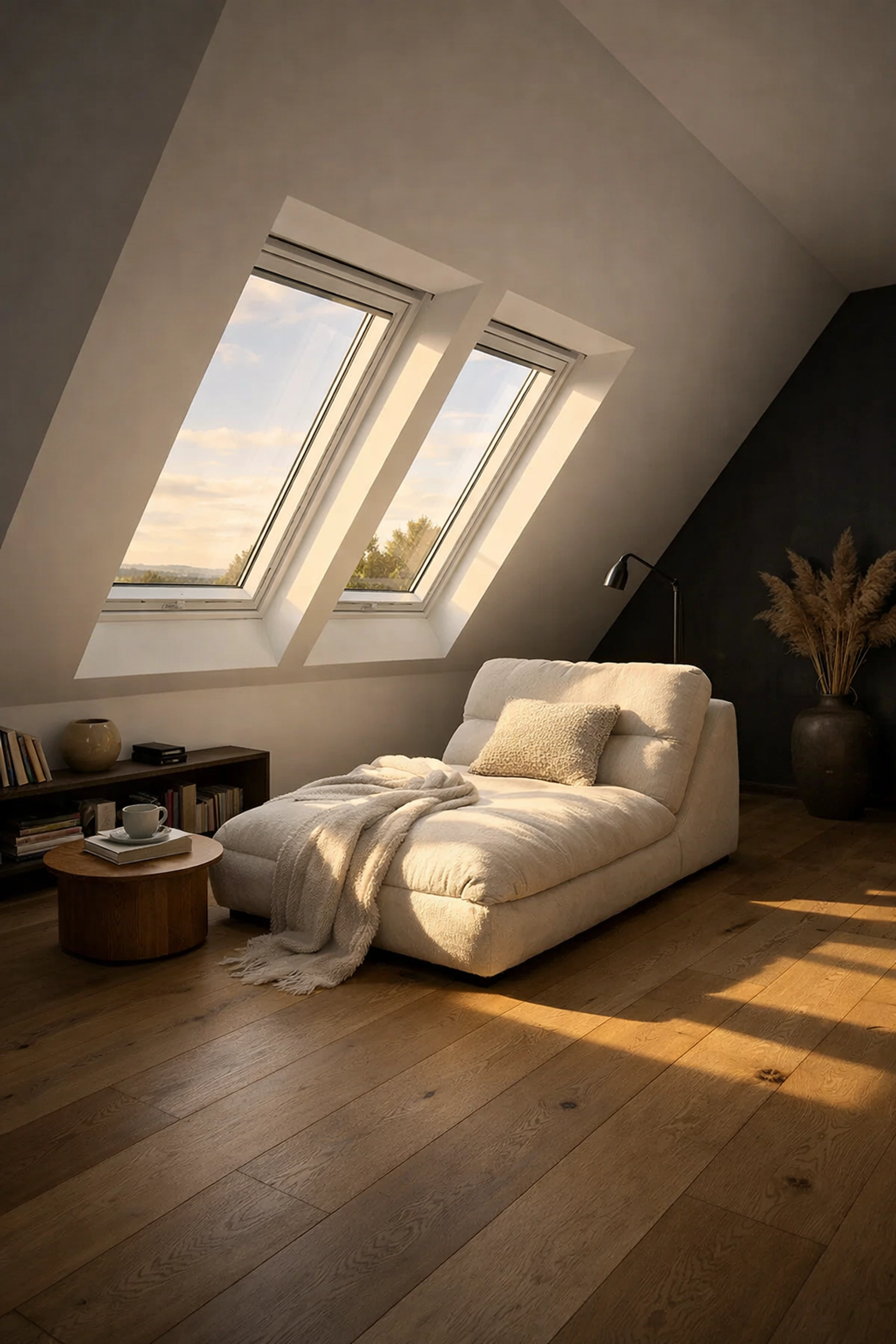 A modern Velux loft conversion in West Sussex with roof light windows in a bright reading nook.