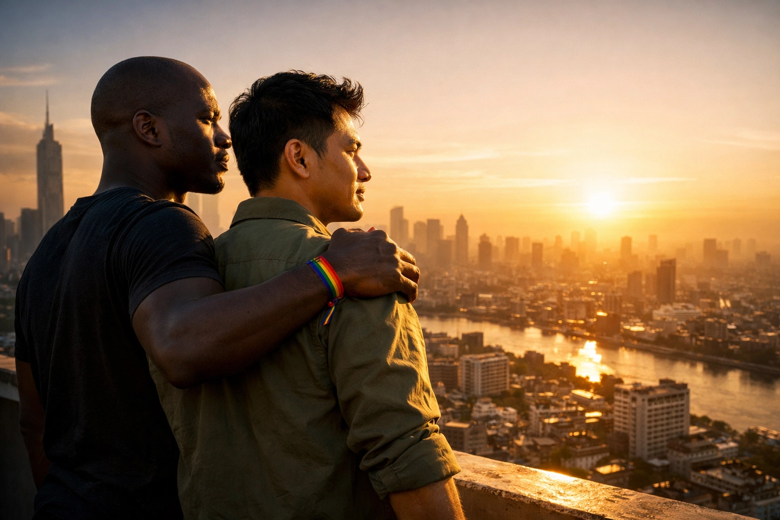 Diverse gay men overlooking a sunrise city, symbolizing global LGBTQ+ strength and the fight against HIV/AIDS.