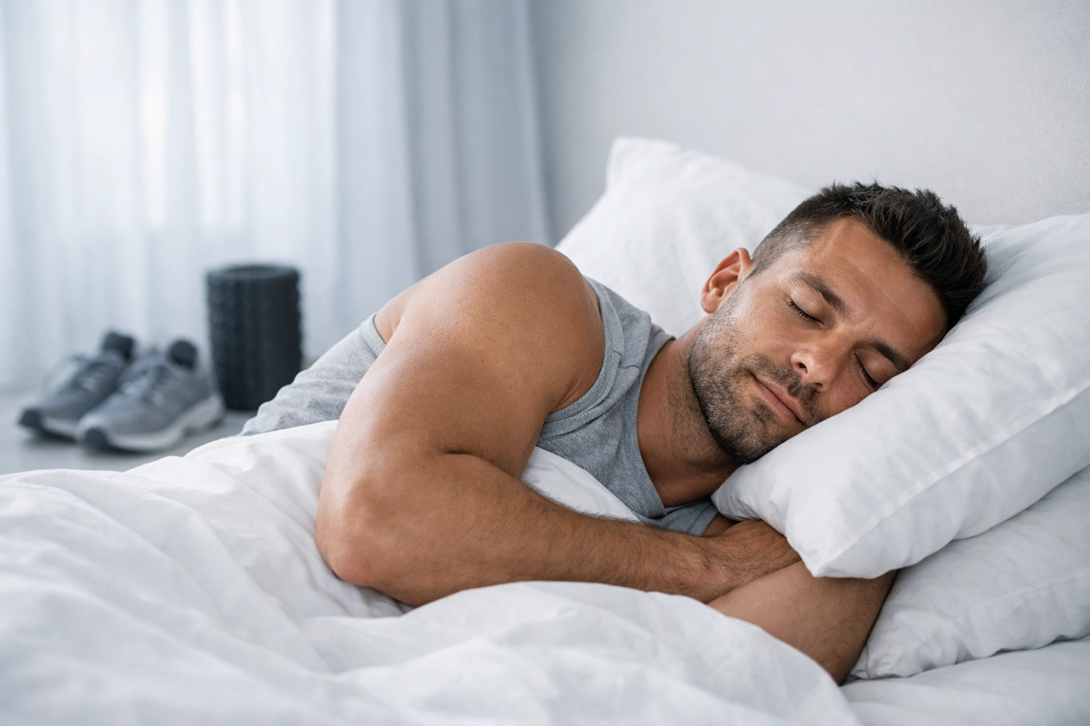 Athlete getting restorative sleep to speed up sports injury rehabilitation and recovery.