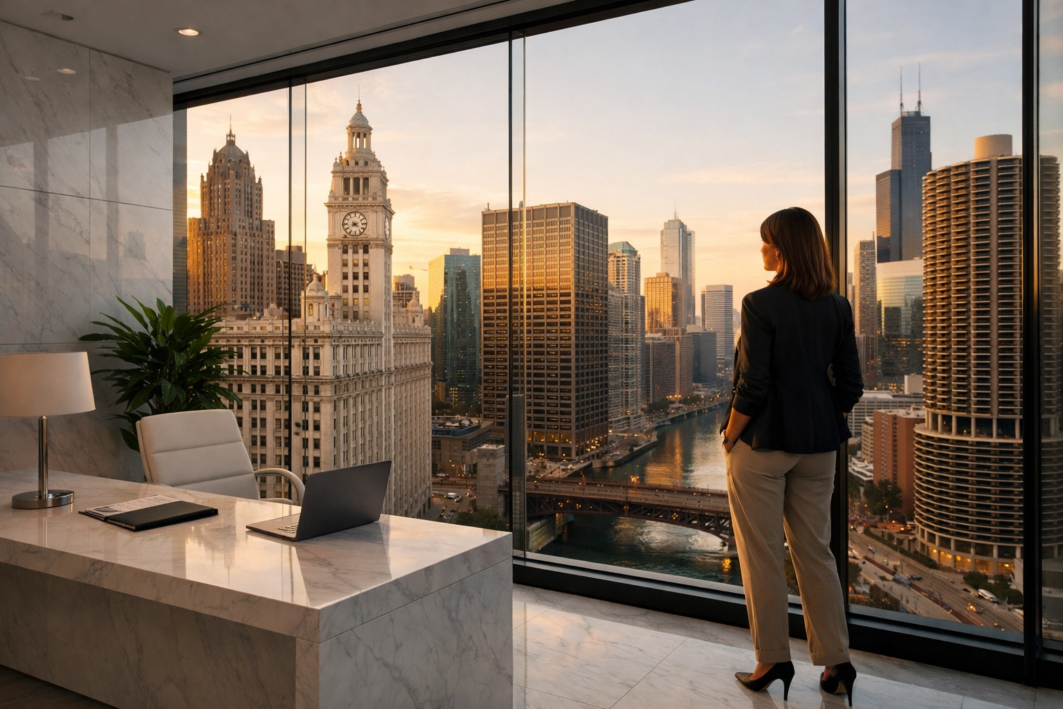 A professional property manager overlooking the Chicago skyline from a sleek, modern corporate office.