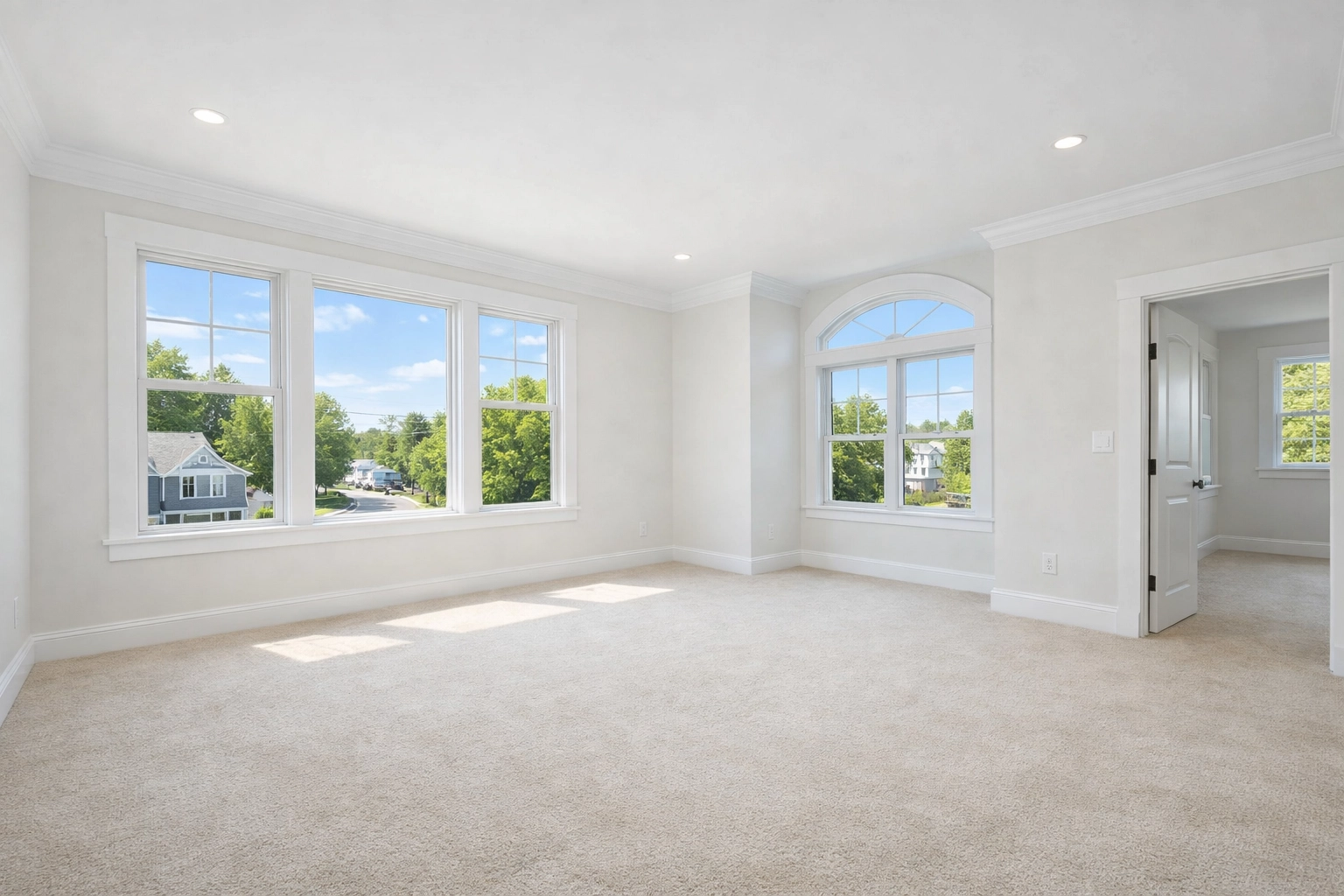 Bright master bedroom with fresh air and clean carpets prepared for move-in cleaning in Natick.