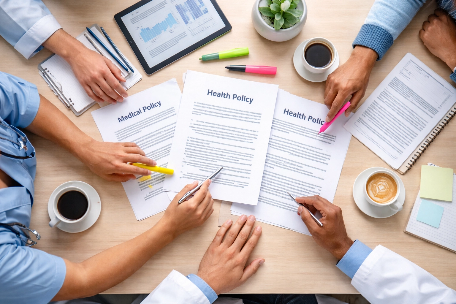 Team of healthcare professionals collaborating over printed policies, demonstrating policy review and staff training in clinic settings