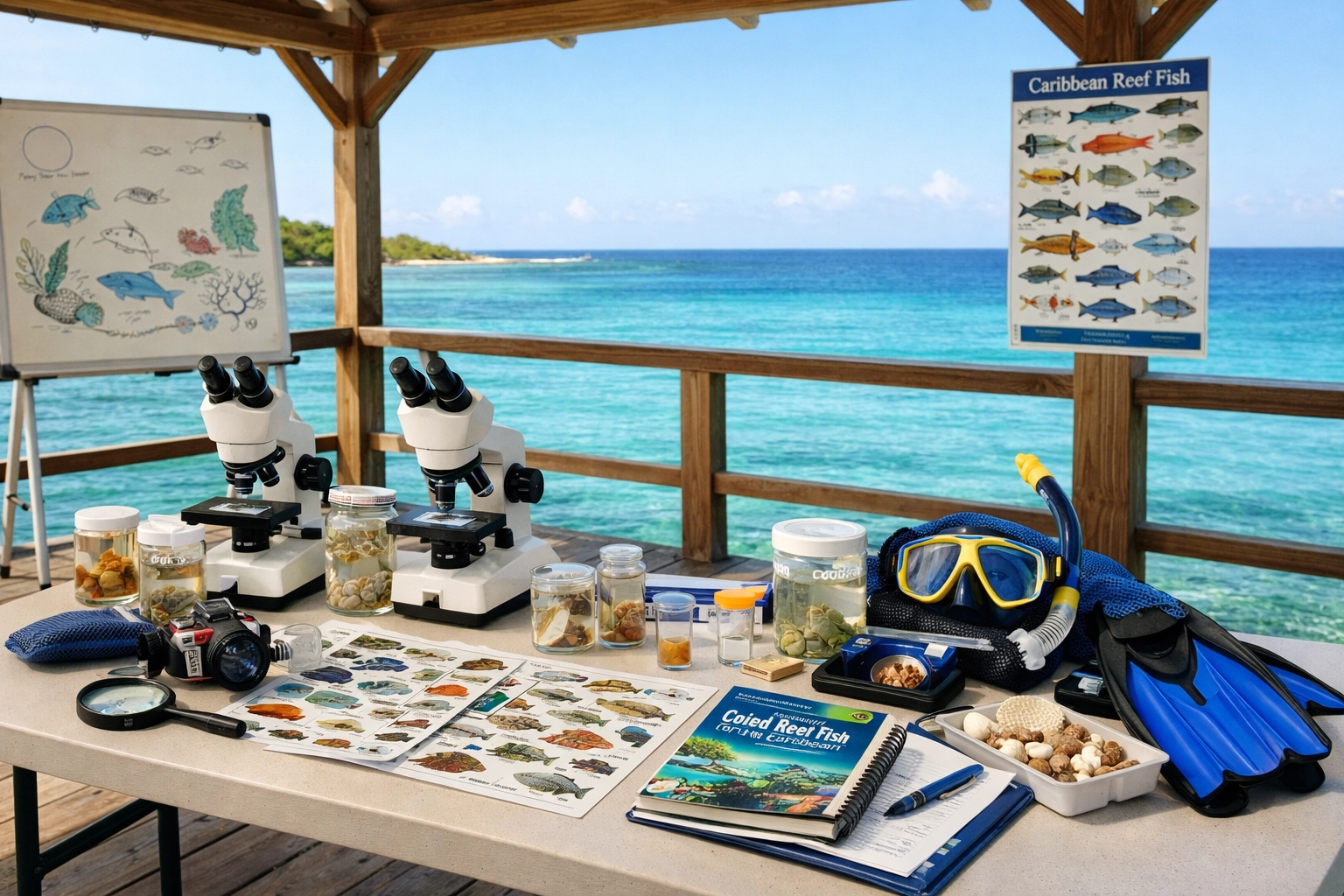 Marine biology classroom equipment and scientific gear for Cayman Islands student field research