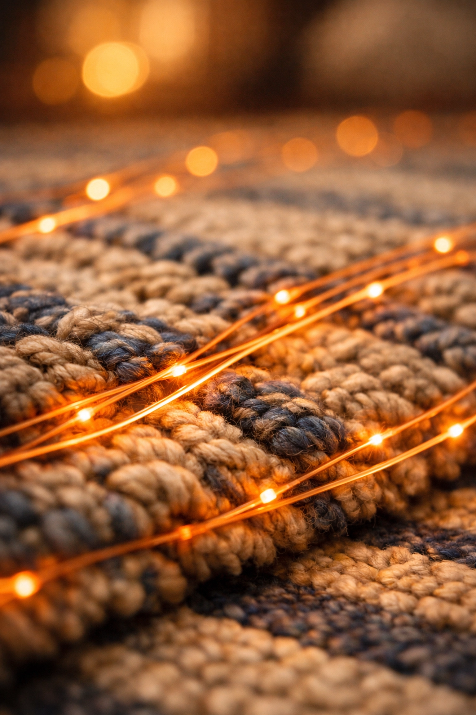 Glowing data strands woven into a rug representing integrated healthcare technology and remote patient management in the home.