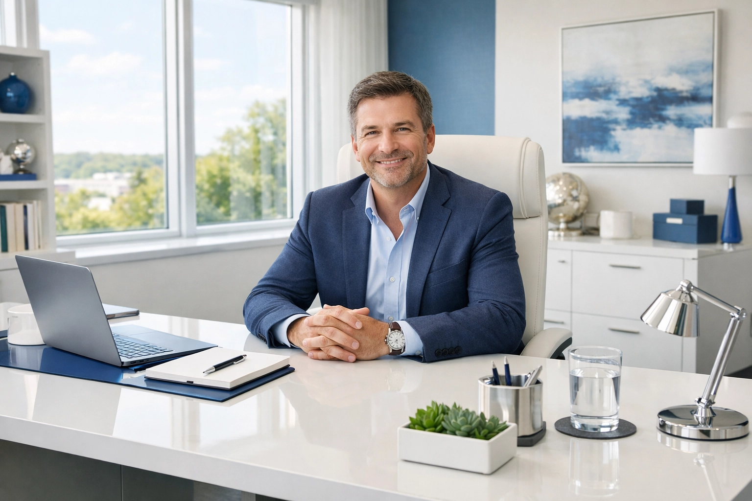 A satisfied professional at a clean executive desk after expert Office Cleaning in Tewksbury.