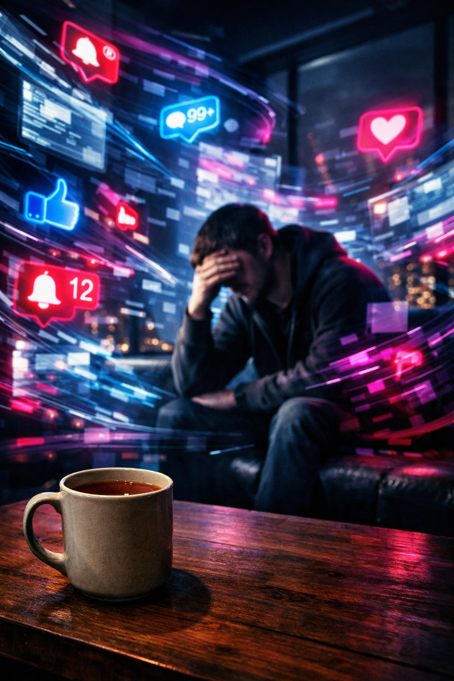 Person feeling overwhelmed by social media screens, illustrating sensory overstimulation and dopamine fatigue.