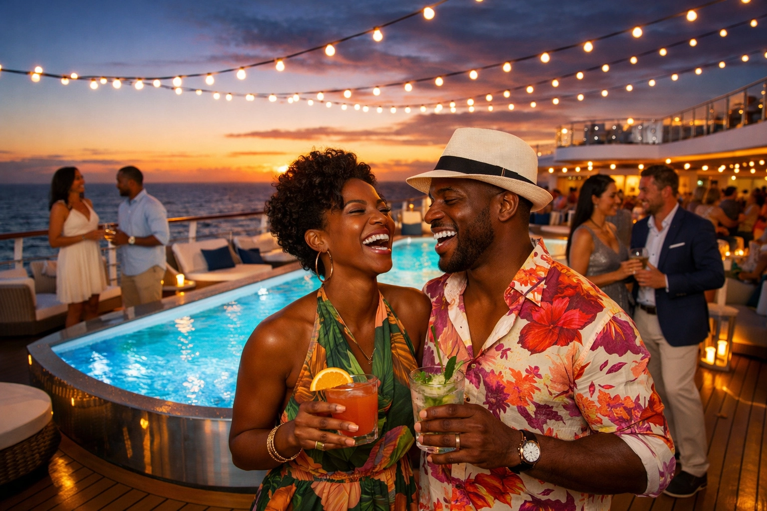 Stylish couple enjoying cocktails on a luxury cruise deck, expertly planned by a Lifestyle Cruises travel agent.