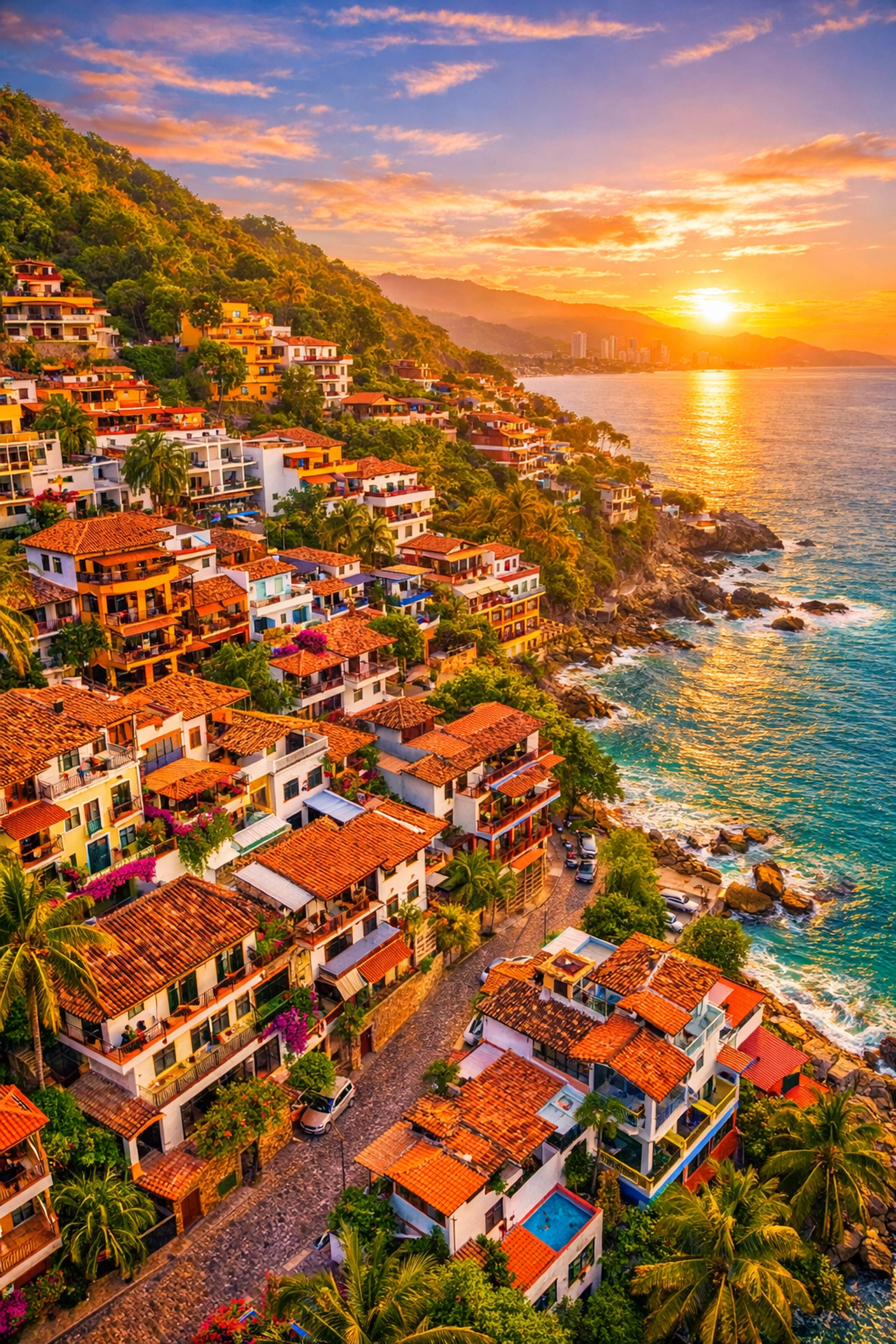 Amapas hillside neighborhood with colorful Mexican buildings overlooking Banderas Bay in Puerto Vallarta