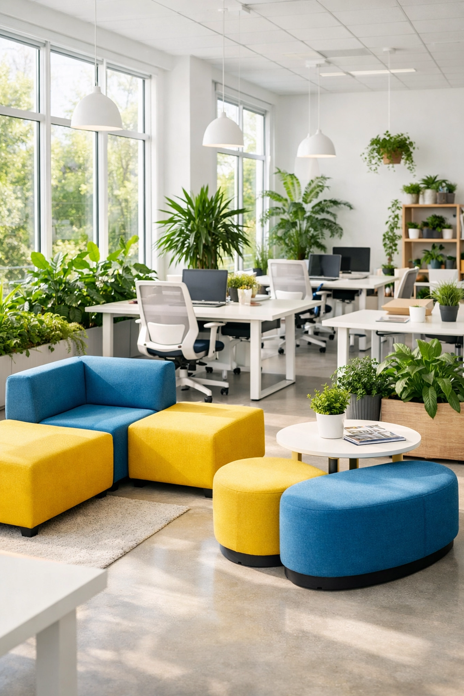Healthy sunlit collaborative workspace in Waltham cleaned with eco-friendly products.