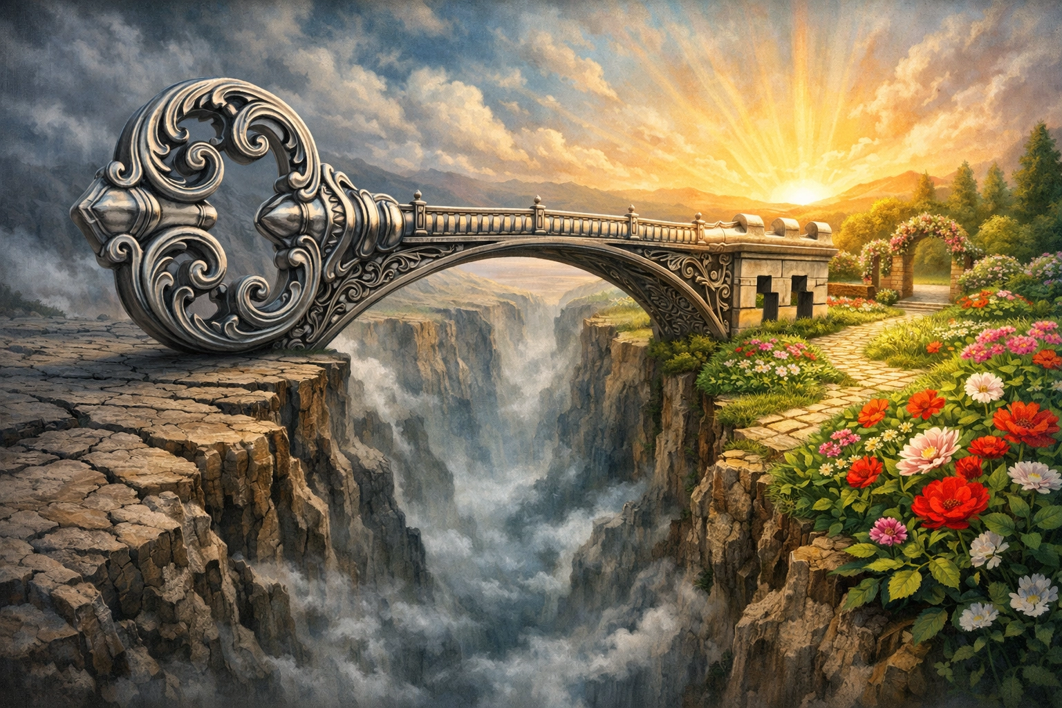Silver key bridge to a lush garden representing financial freedom via cash-out refinancing.