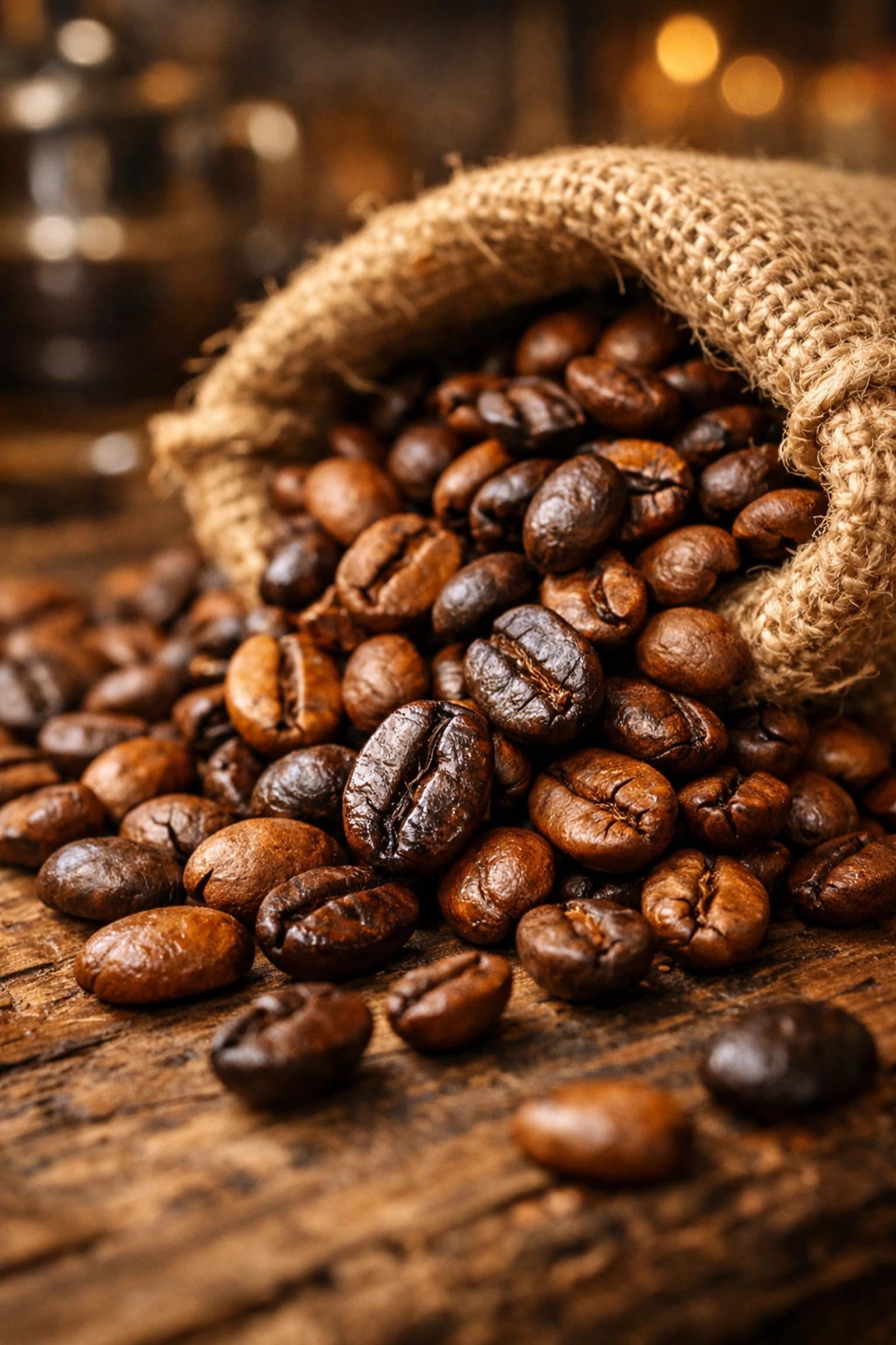 Freshly roasted specialty coffee beans cascading from sack onto rustic surface