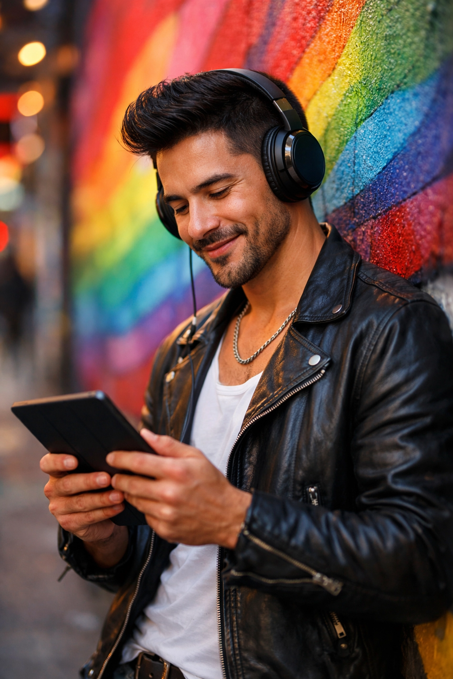 A stylish gay man listening to a bookish podcast and reading LGBTQ+ ebooks in a vibrant city setting.