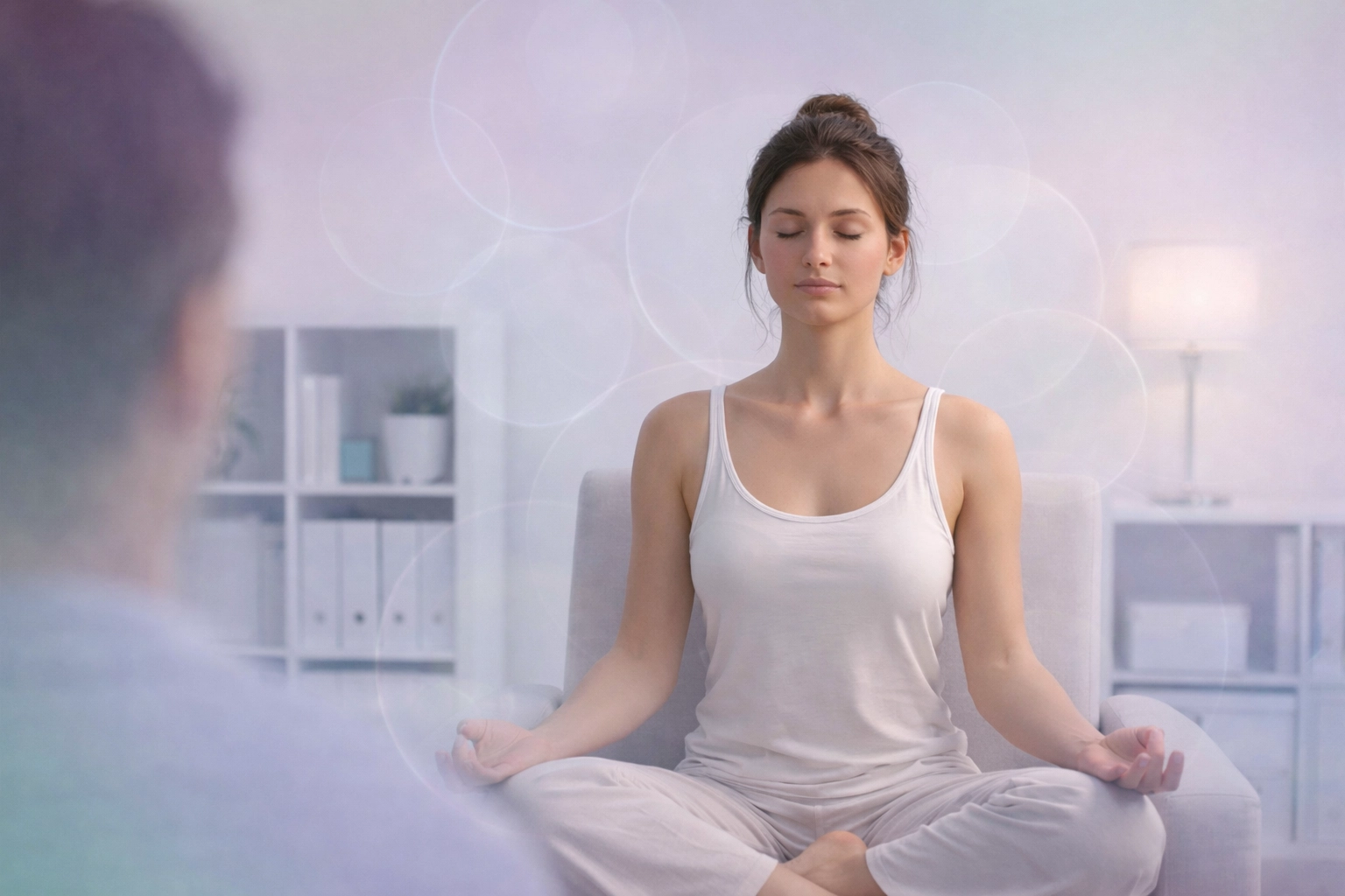 Real woman in a calm hypnotherapy session setting, eyes closed, relaxed posture, in a neutral therapy office.