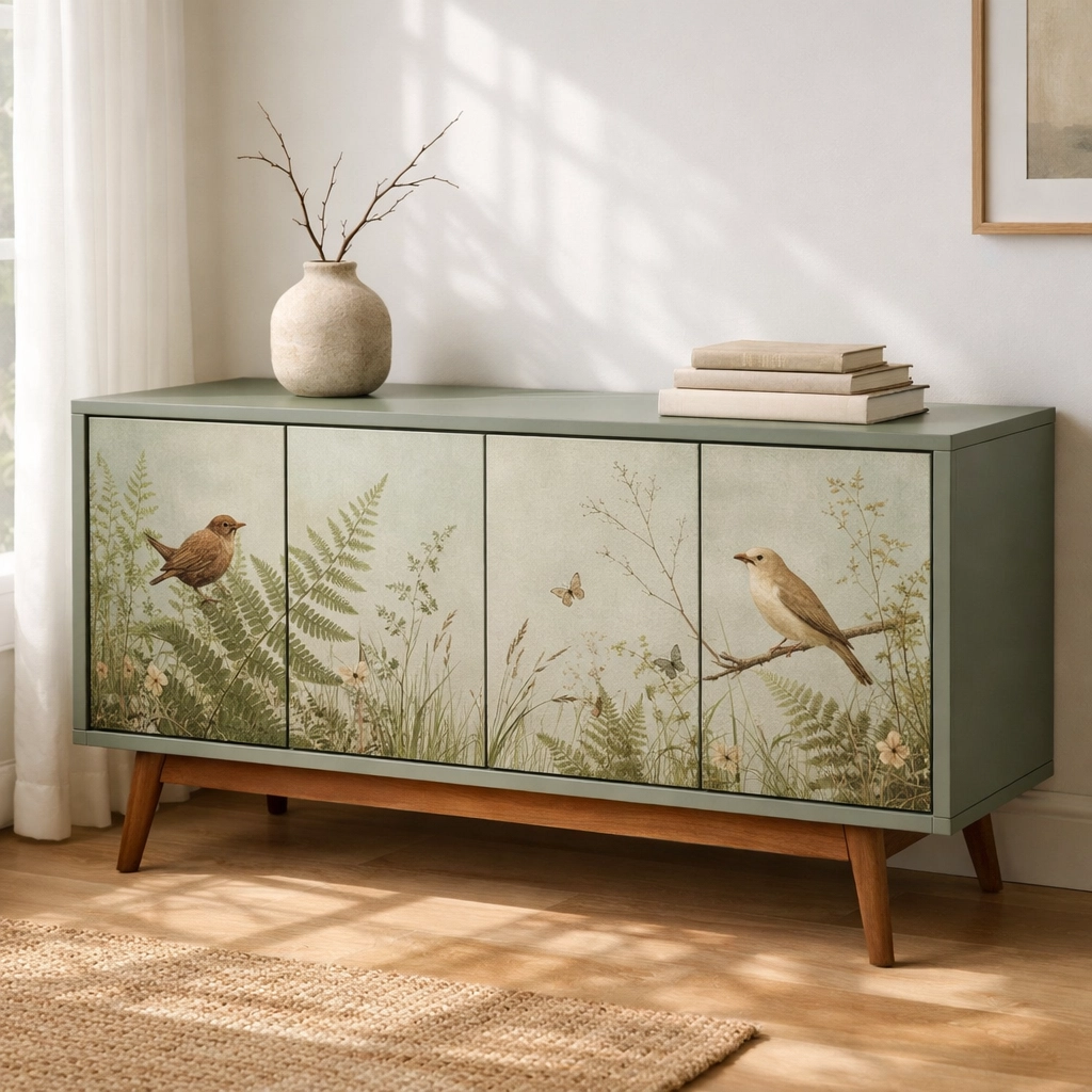 Bespoke upcycled furniture: sage green sideboard with botanical prints and a professional spray finish.