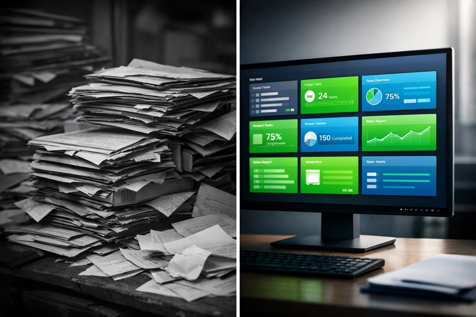 Data cleansing for CRM migration showing messy files transformed to organized digital records