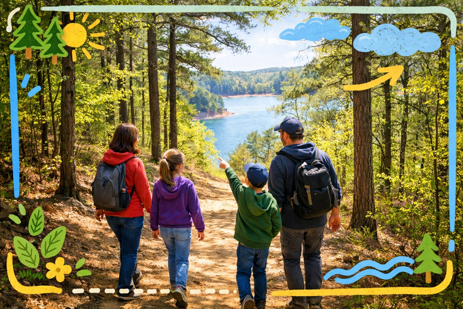 Family hiking at Red Top Mountain State Park in Acworth Georgia Family hiking at Red Top Mountain State Park in Acworth Georgia