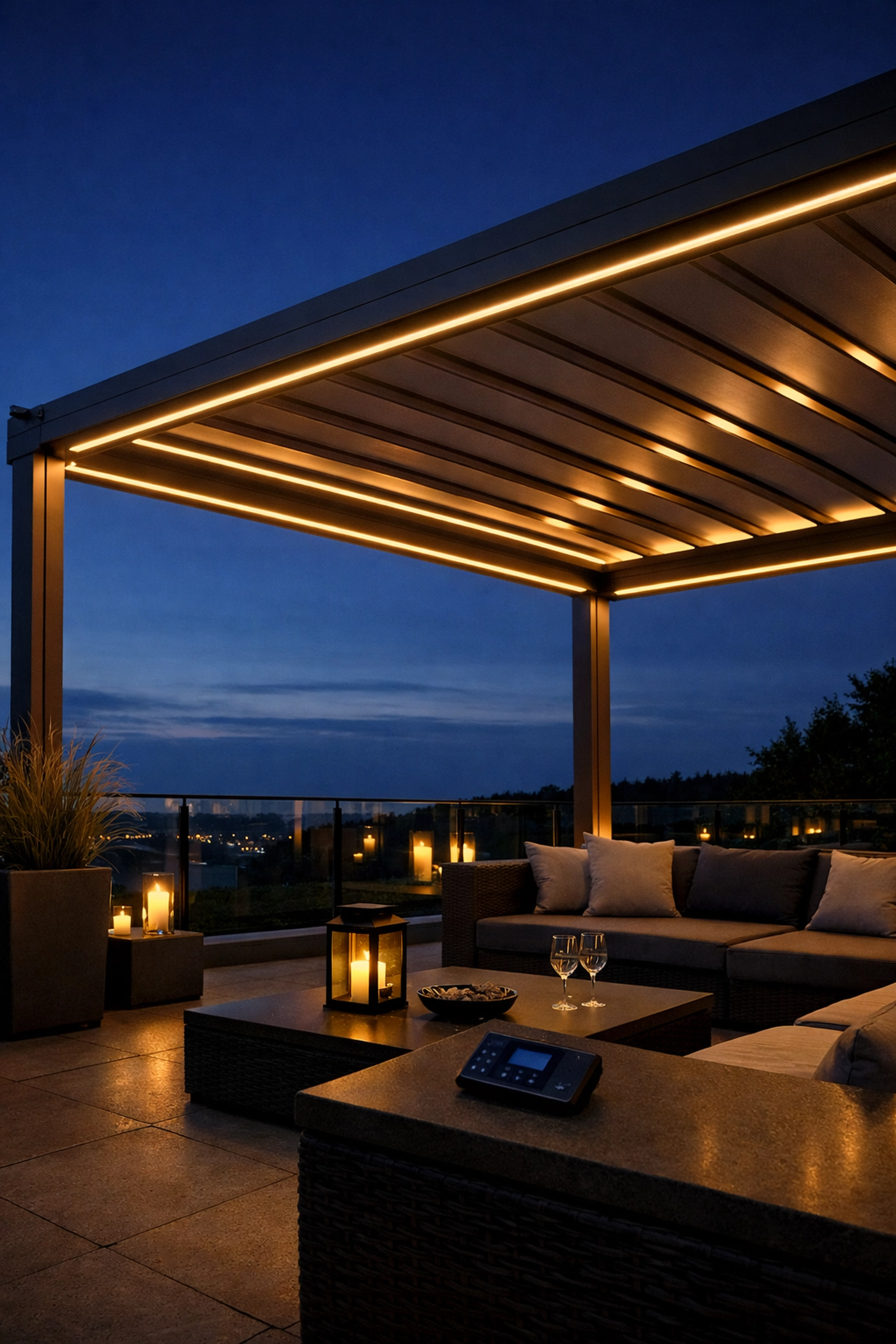 Faltdach Terrasse mit integrierter LED-Beleuchtung am Abend