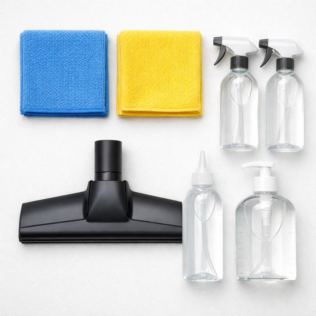Professional cleaning tools and microfiber cloths neatly arranged for a deep cleaning Franklin residential service.
