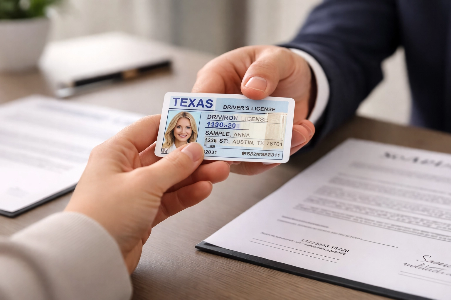 Close-up of a Texas driver's license being presented for mobile notary identity verification