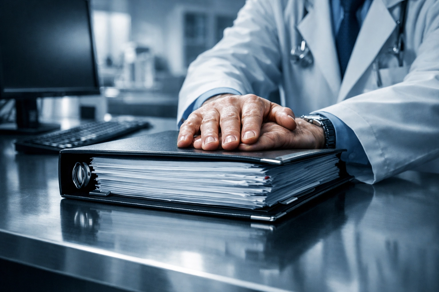 Healthcare administrator closing a binder, illustrating information blocking and data access barriers.