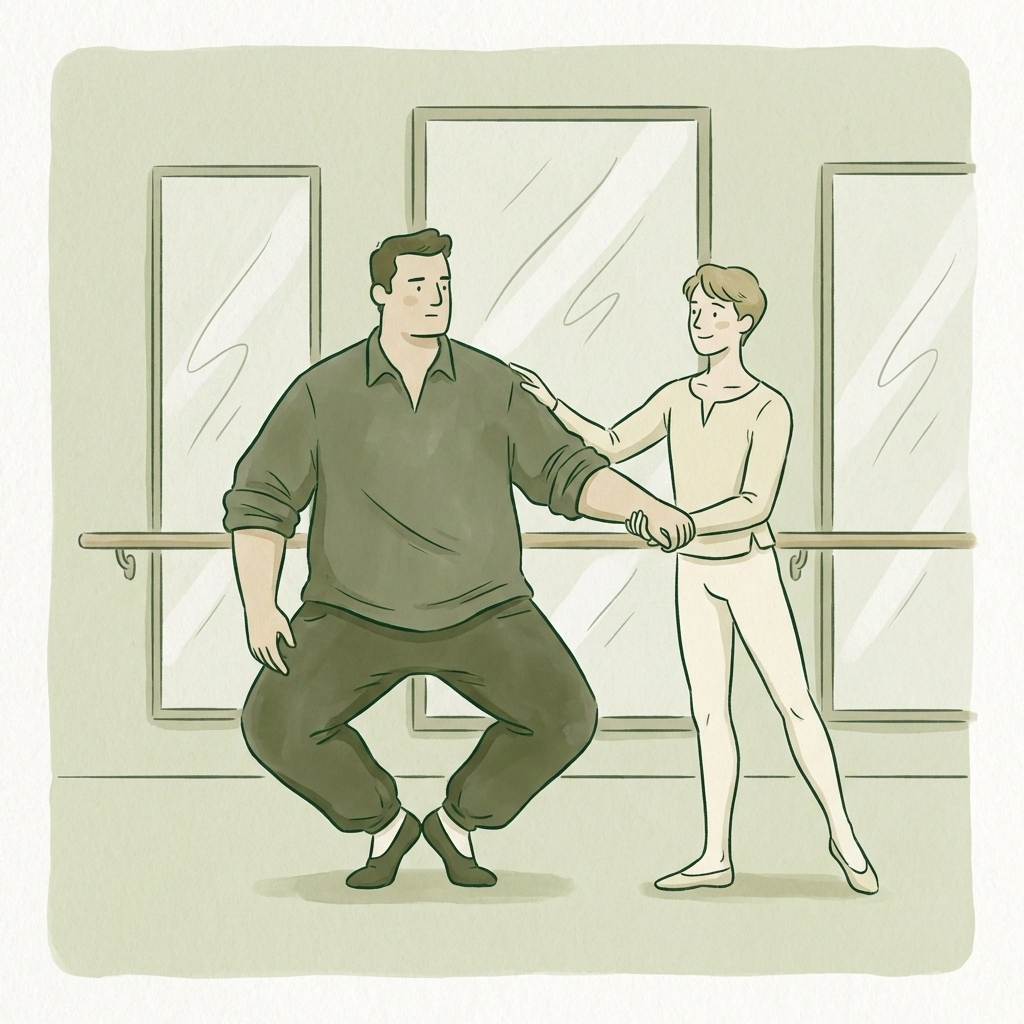 Large wrestler learning ballet with smaller male partner in intimate studio practice scene