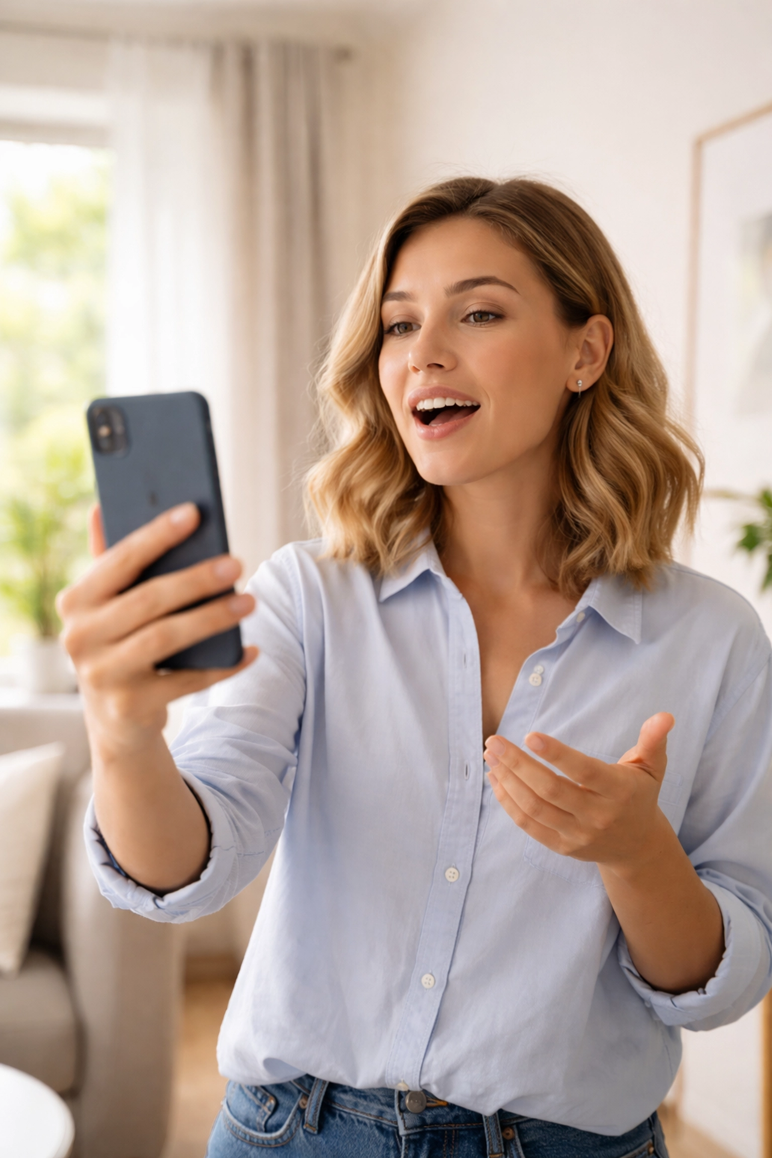 Person recording themselves speaking English on a smartphone, showing self-improvement and language practice