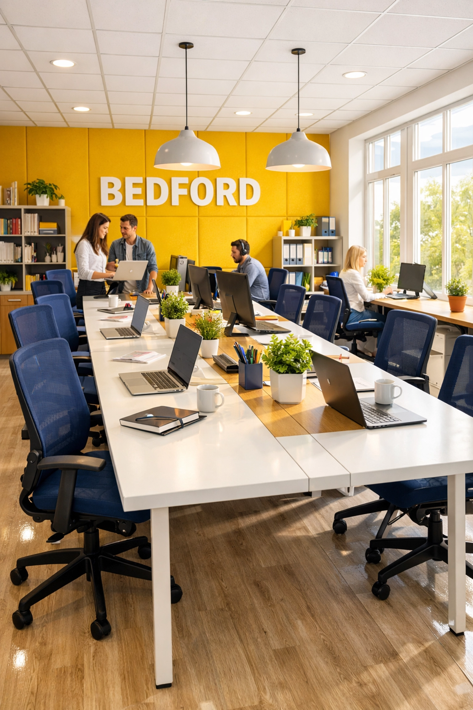 Clean and productive open-plan workspace in Bedford following professional office cleaning and organization.