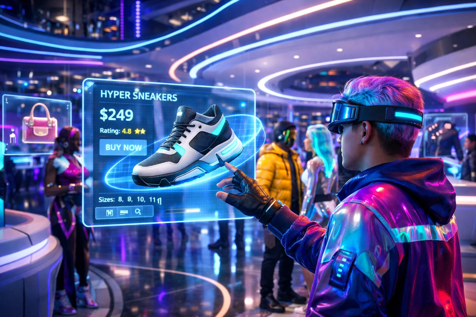 Avatars shopping in metaverse virtual storefront with holographic product displays and AR interfaces