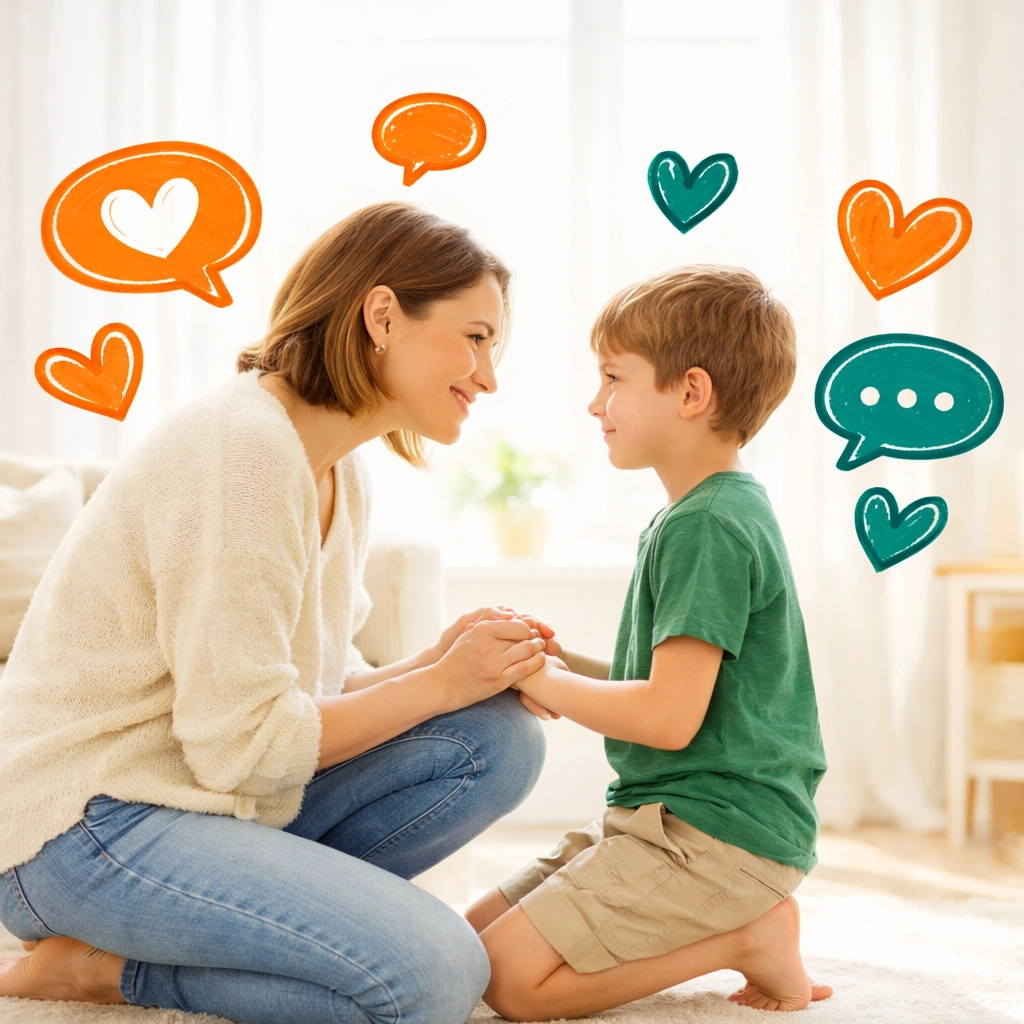 Mother validating her son's emotions through self awareness activities for kids in a supportive home.