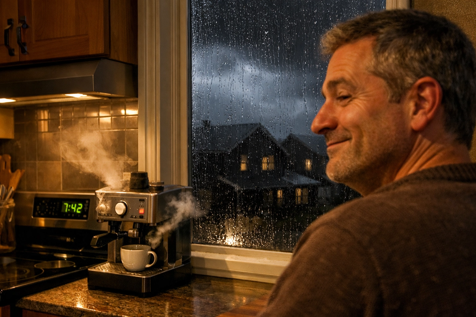 Homeowner in a well-lit kitchen during an Ottawa blackout with a maintained home standby generator.