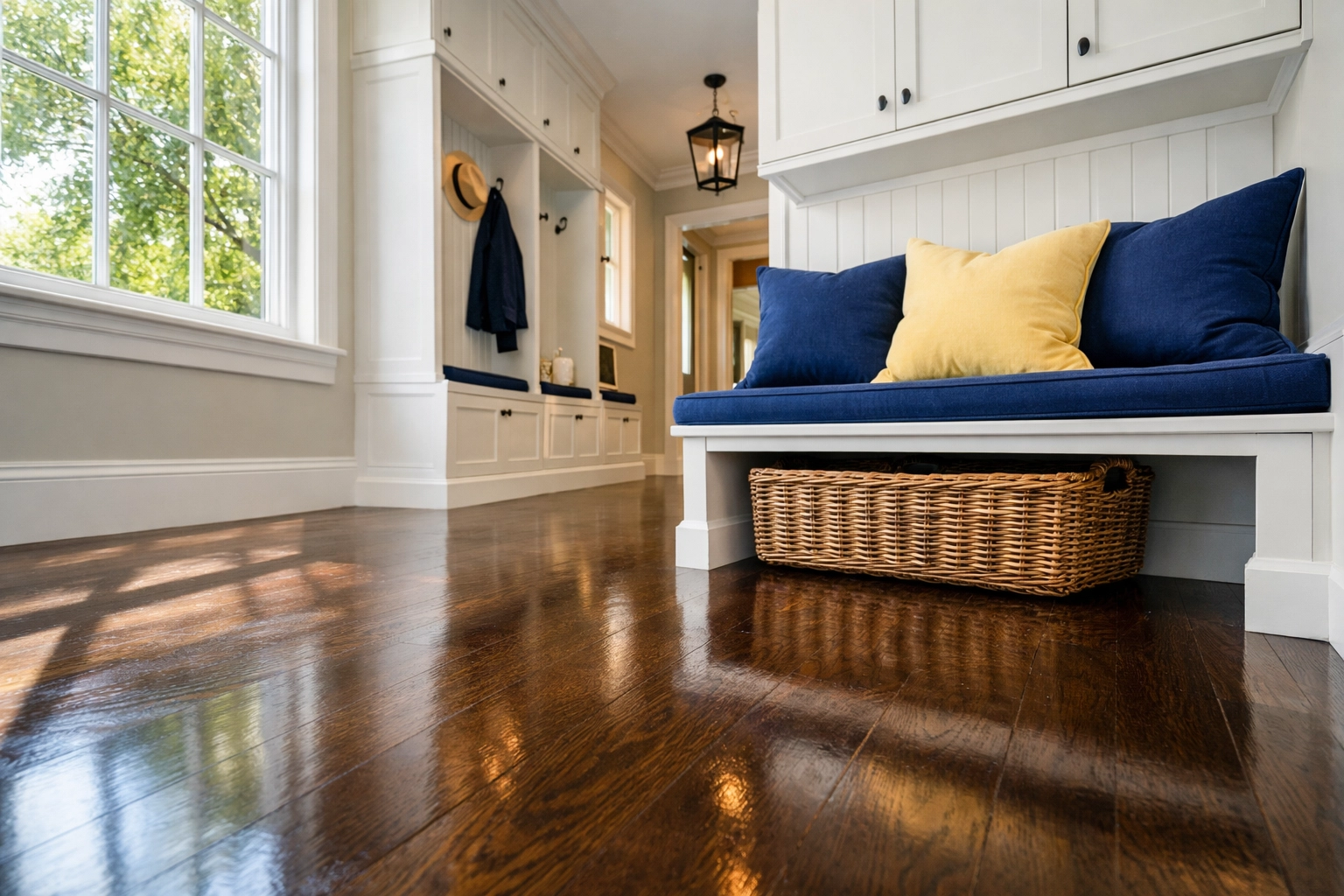 Clean mudroom entryway in a luxury Shrewsbury residence with spotless dark oak hardwood floors.