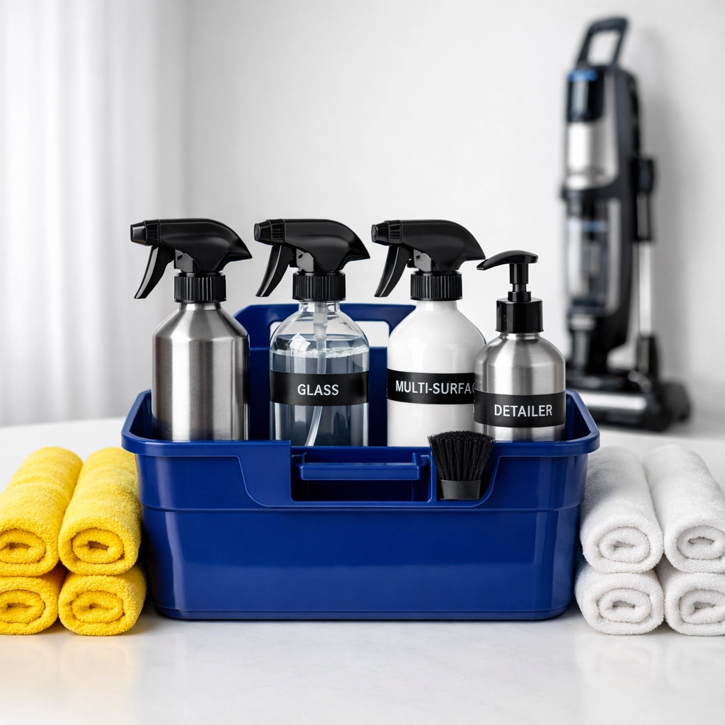 Organized supplies and tools ready for a professional house cleaning in Paxton, MA ninja strike.