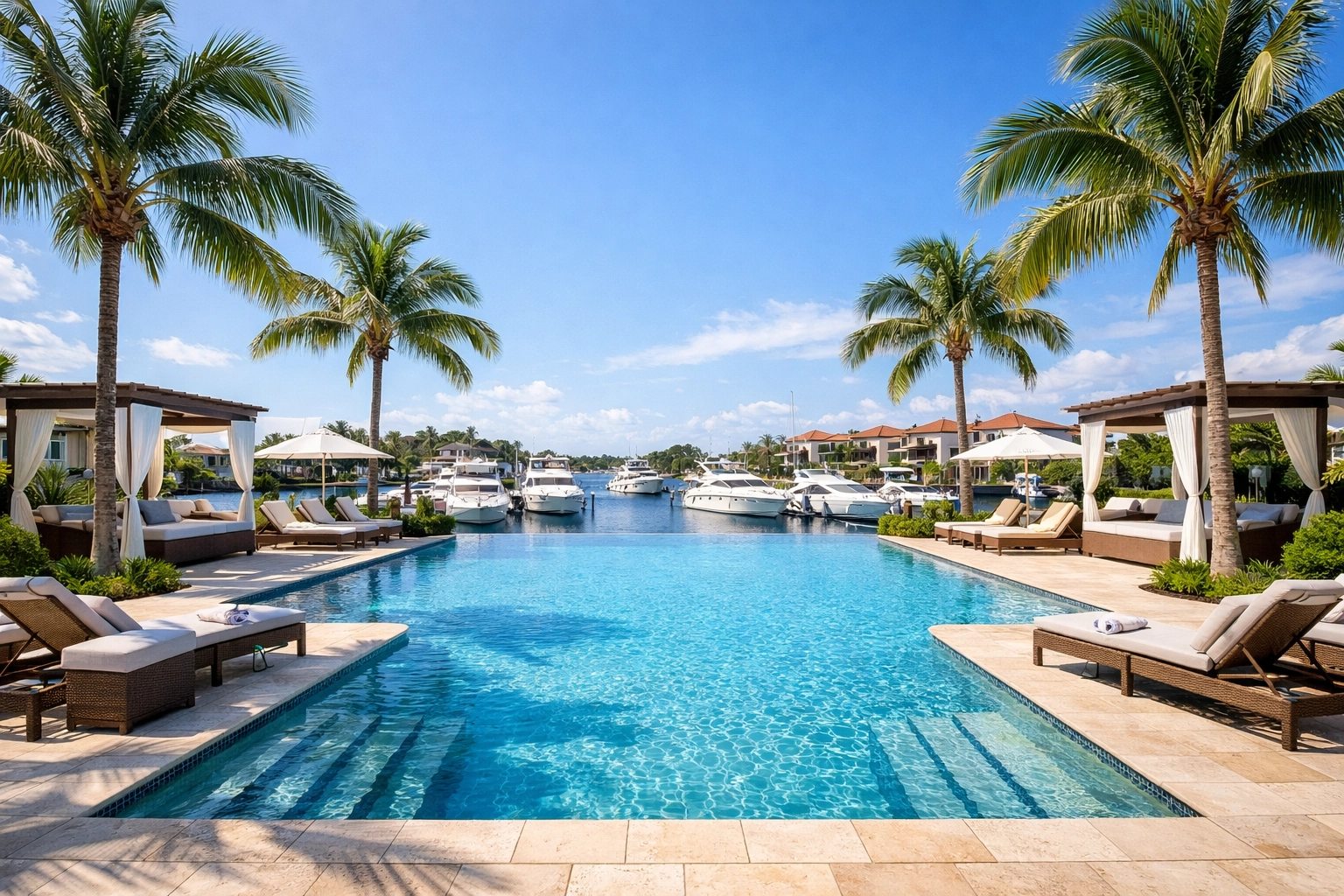 Luxury resort pool at one of the gated communities in Cape Coral Florida near a marina.
