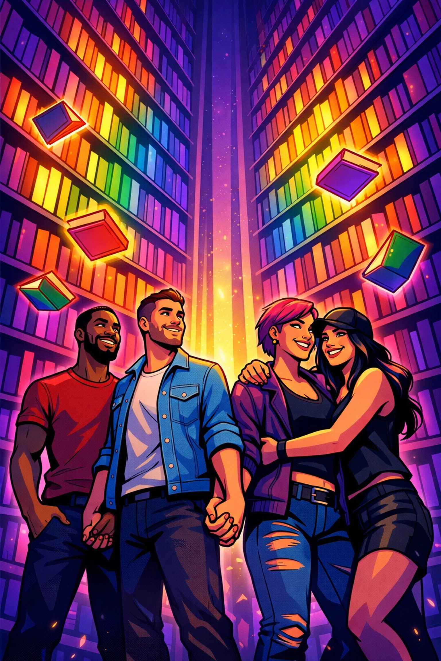 Diverse LGBTQ+ community standing before endless bookshelf representing queer literary legacy
