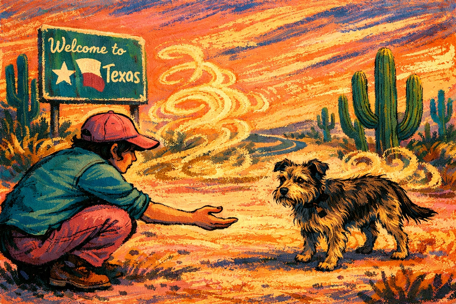 Person safely approaching a stray dog on a Texas road to help it reach a dog rescue near me.