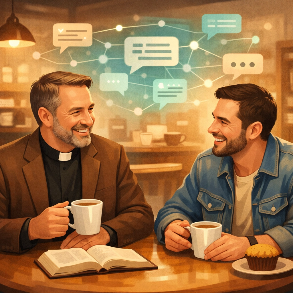 Pastor building relationship with church visitor over coffee supported by chatbot technology