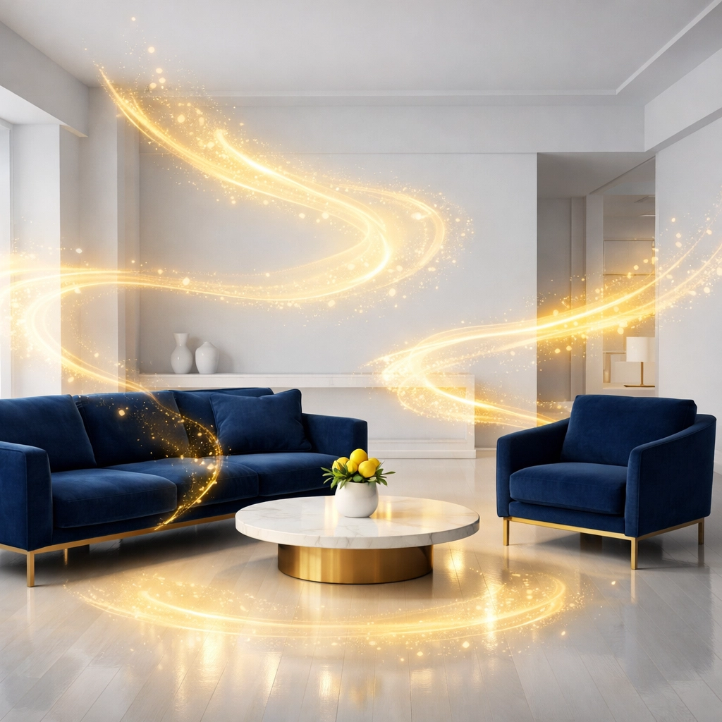 Visual representation of fresh scent and energy flow in a clean living room after apartment cleaning.