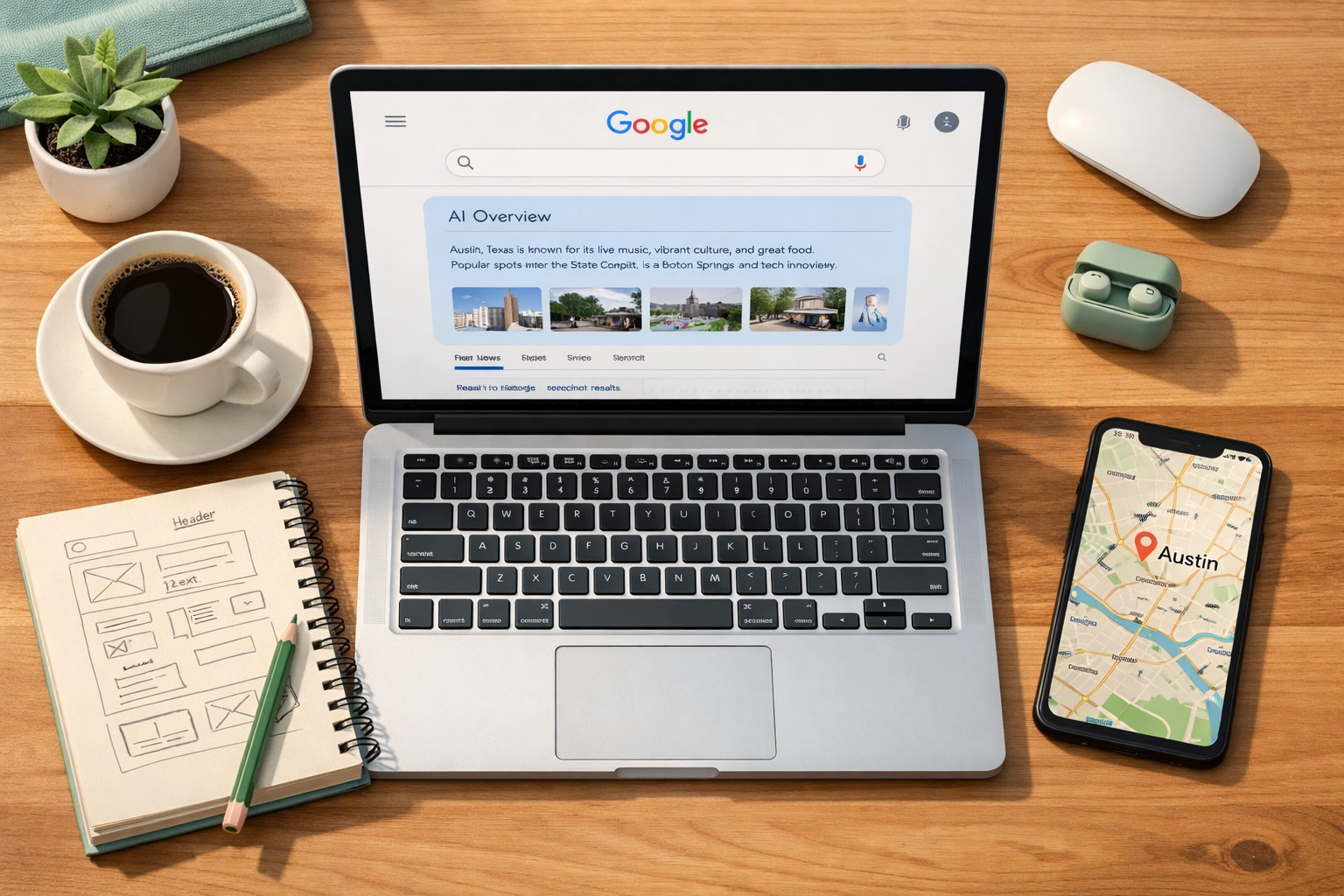 Google AI Overview displayed on laptop with Austin business planning workspace