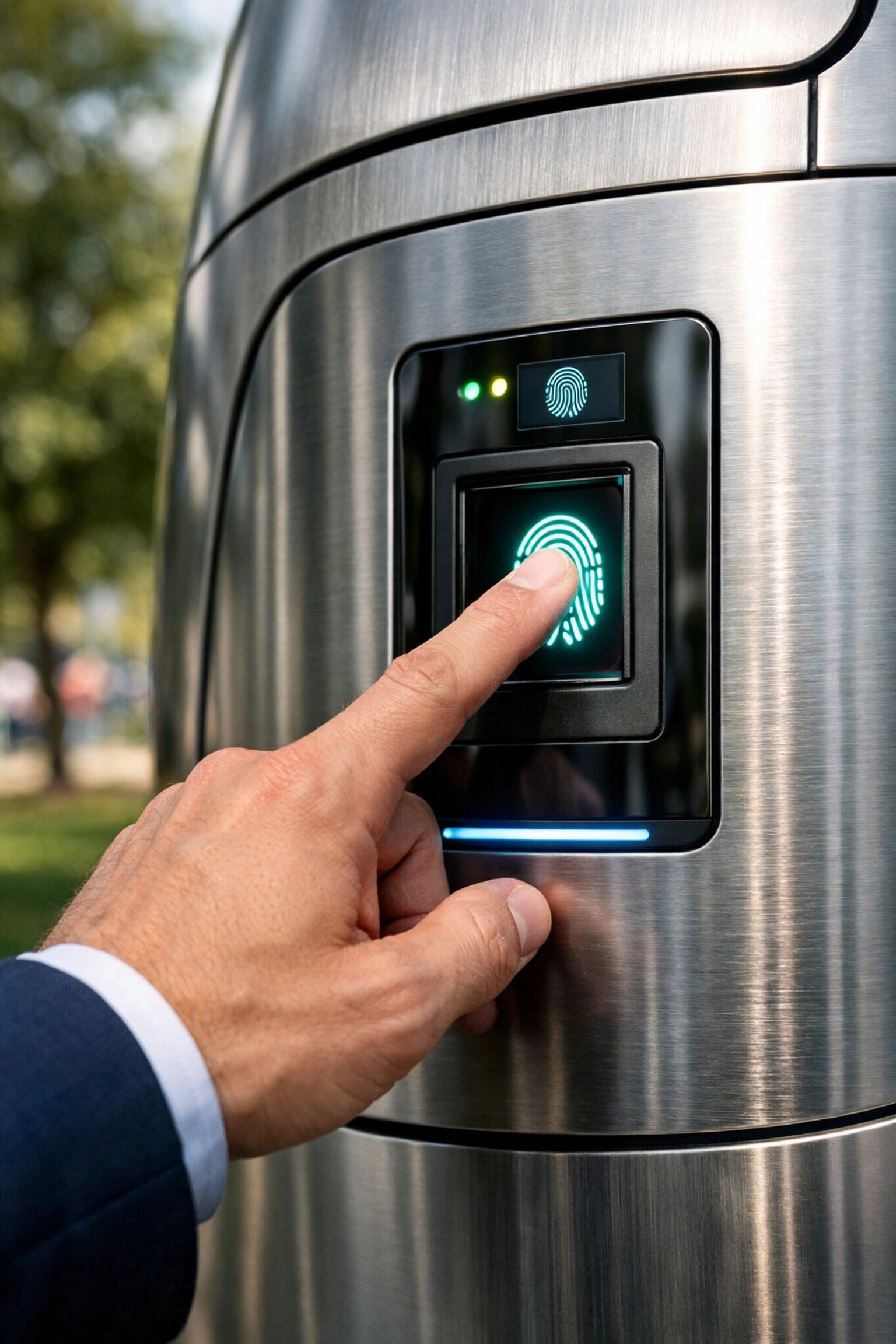 Close-up of a biometric scanner on a modular pod, highlighting physical cybersecurity for decentralized tech.