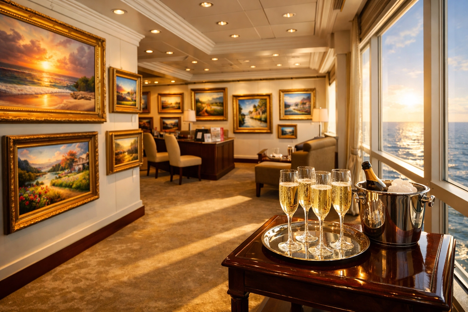 Cruise ship art gallery with framed prints and champagne - typical art auction setup to avoid