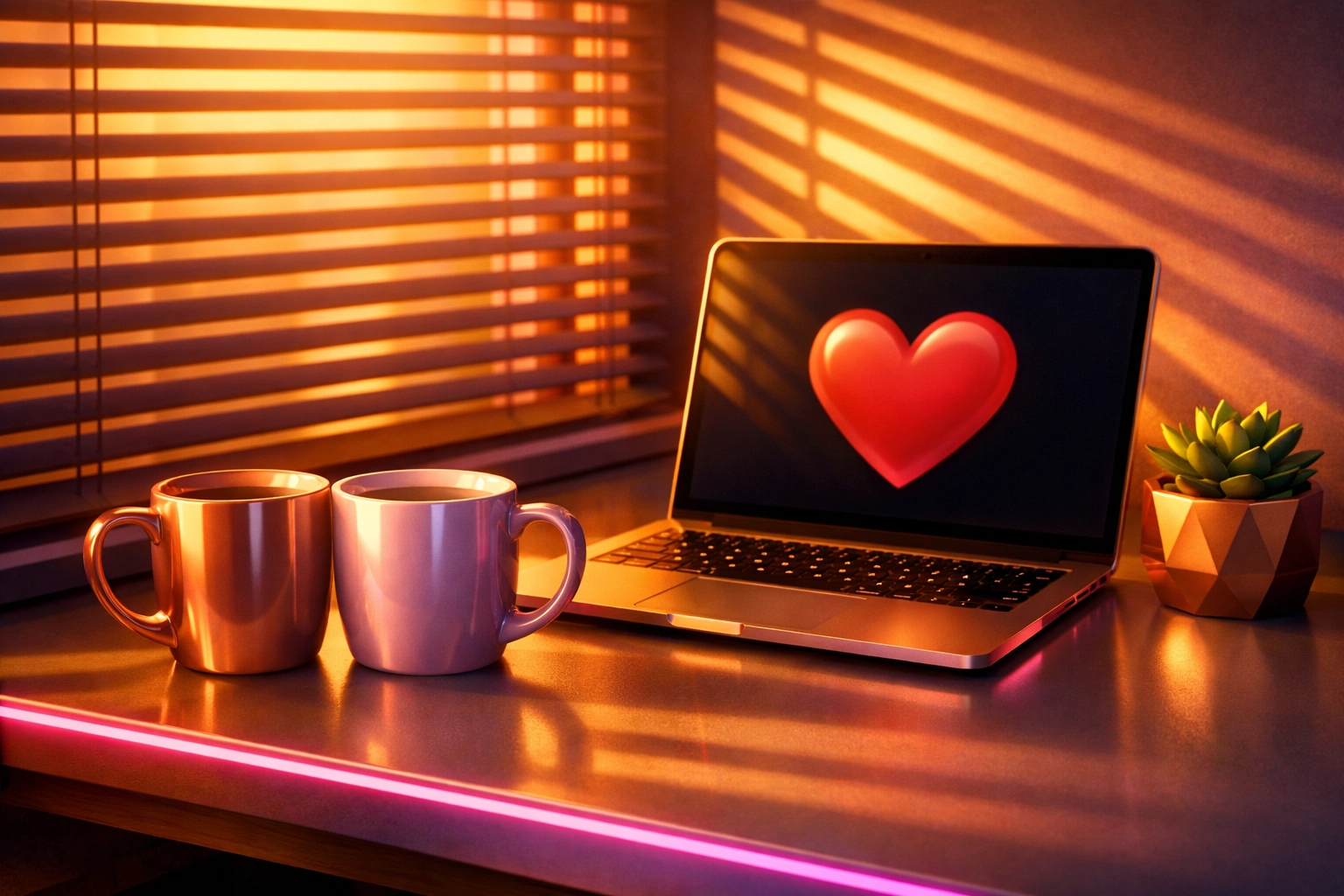 Two coffee mugs and laptop on desk symbolizing workplace relationship
