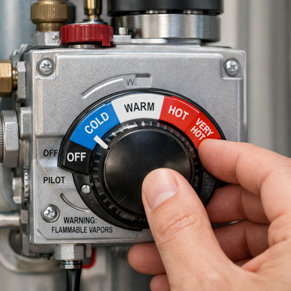 Adjusting the temperature dial on a gas water heater control valve to restore hot water.