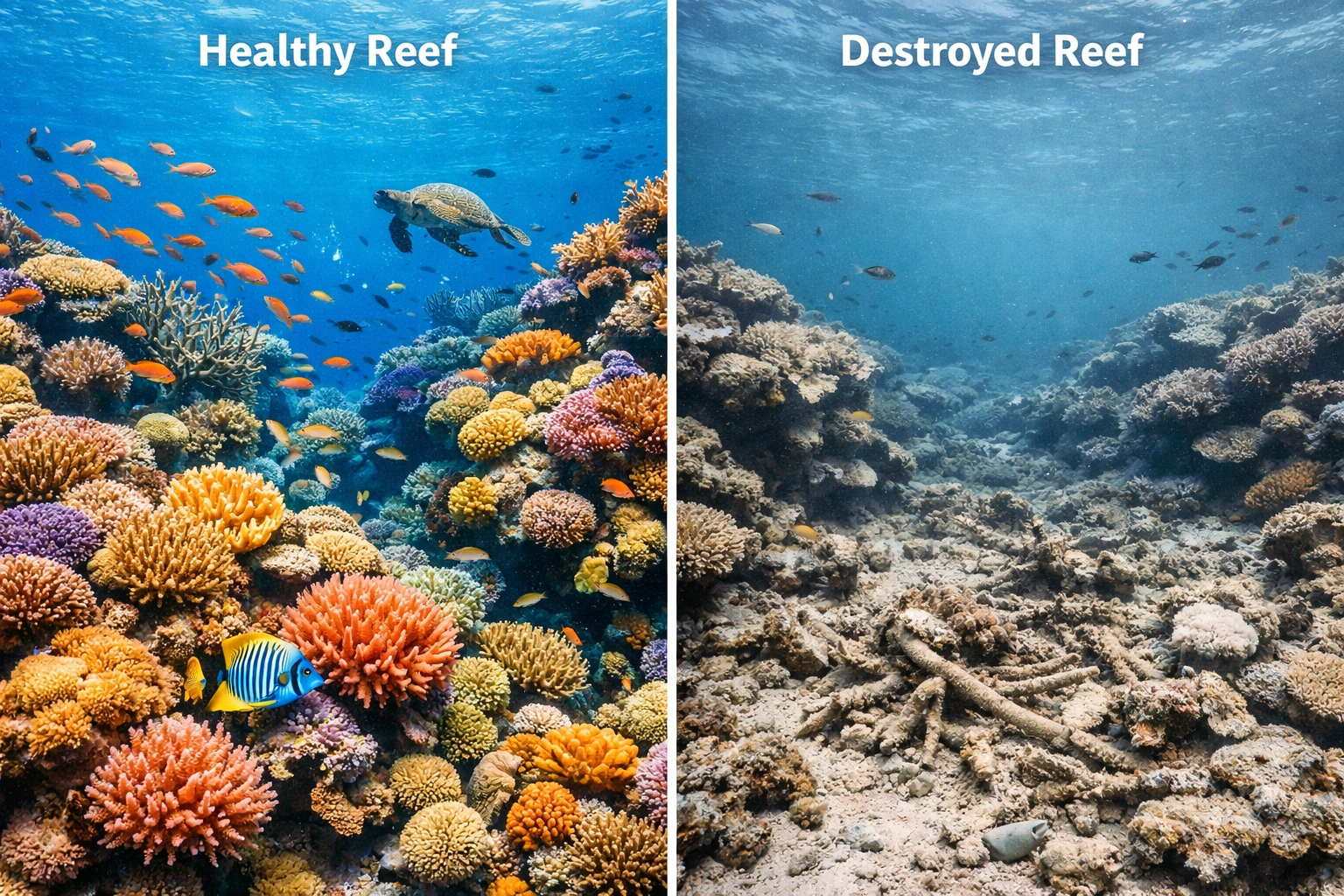 Side-by-side comparison of healthy coral reef versus damaged reef from irresponsible diving
