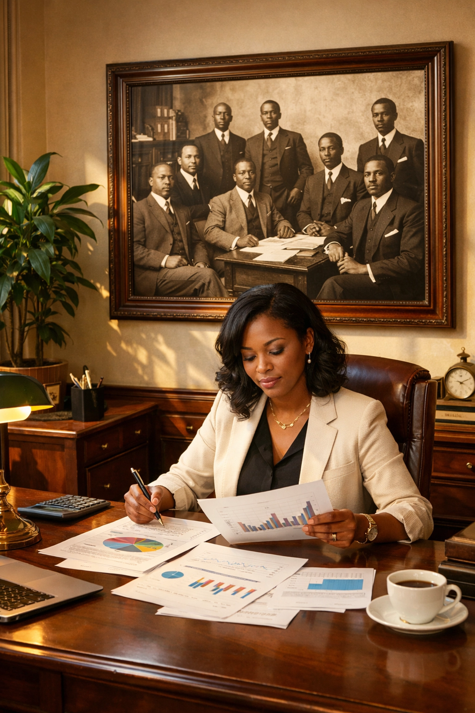 Black professional planning finances with historic banking photo symbolizing generational wealth building