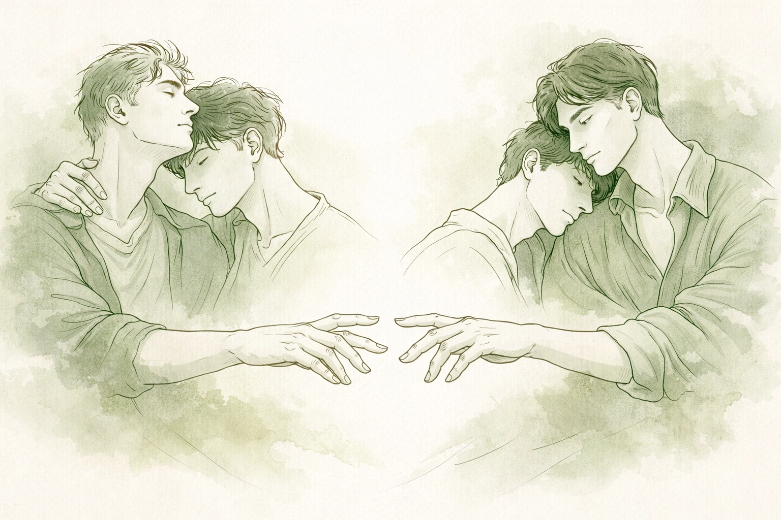 Two MM couples reaching toward each other depicting trust and emotional intimacy in gay fiction