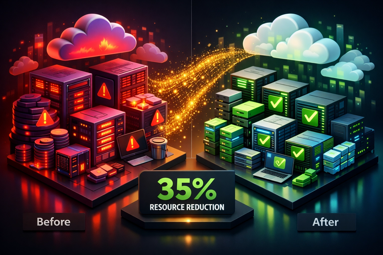 Cloud infrastructure before and after ServiceNow ITOM rightsizing optimization reducing costs 35%