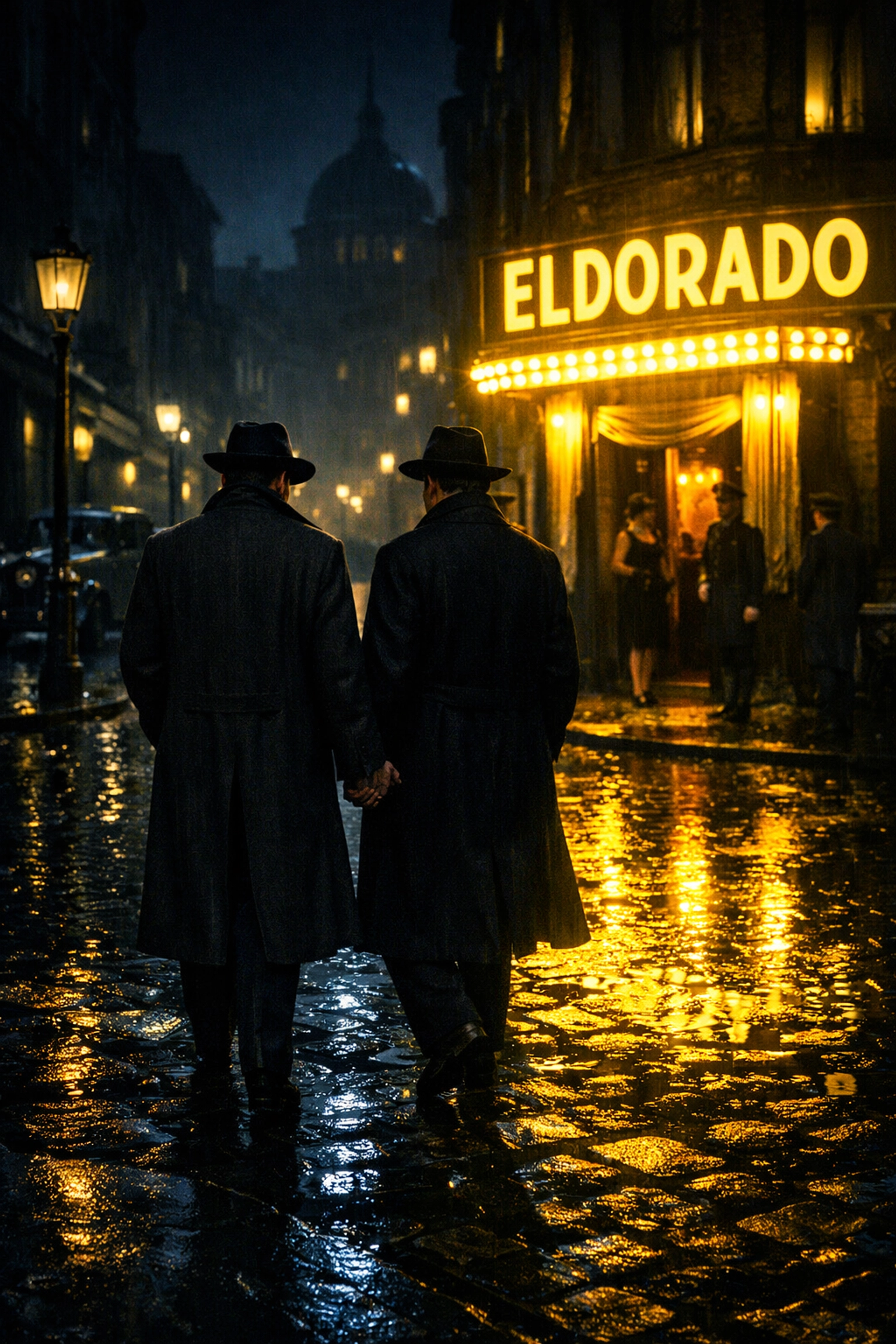 Men holding hands on a rainy 1920s Berlin street near a club, inspired by gay historical romance.