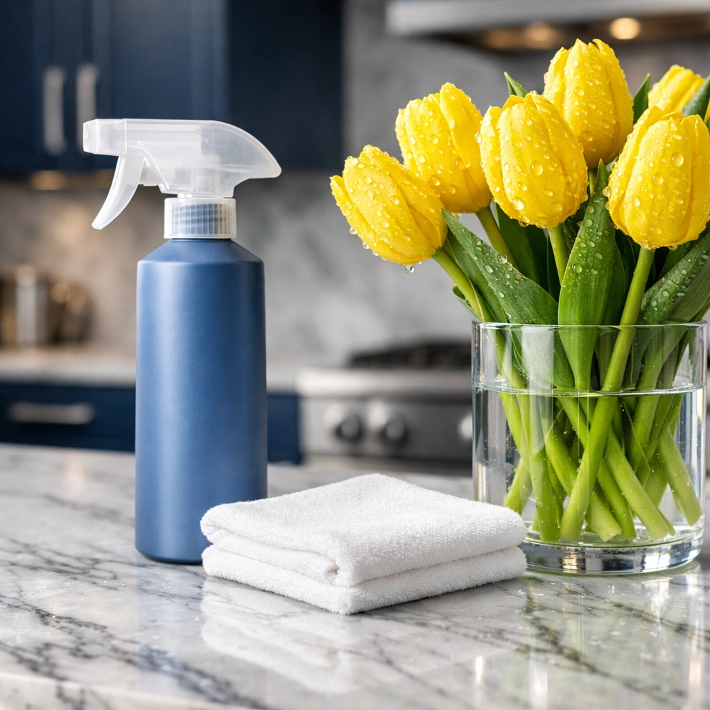 Eco-friendly kitchen cleaning in Marstons Mills featuring polished marble countertops and blue cabinetry.